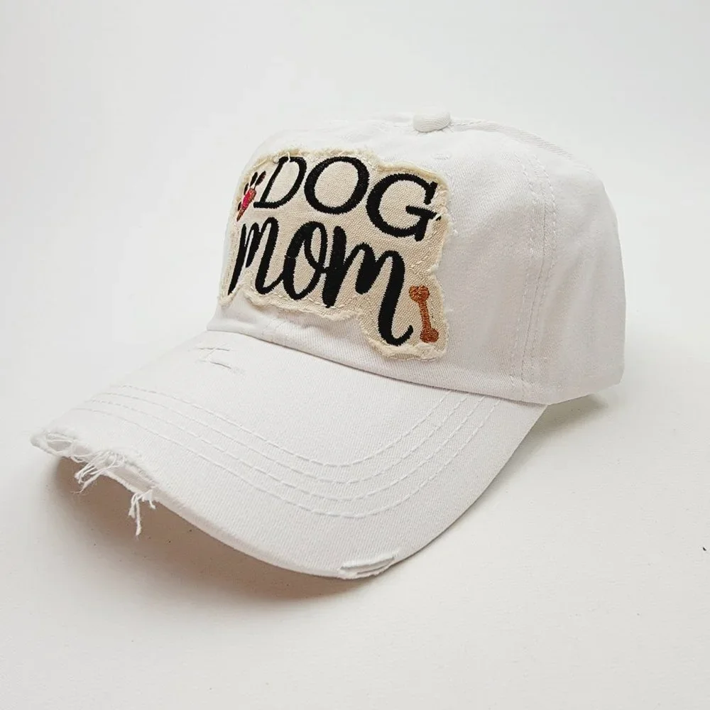 Dog Mom Distressed Relaxed Buckle Strap Full Cover Baseball Hat Cap White